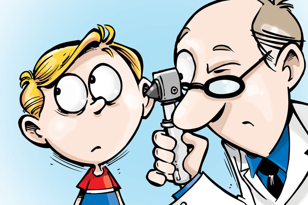 Illustration: a doctor checks a child’s ear — frequent ear infections